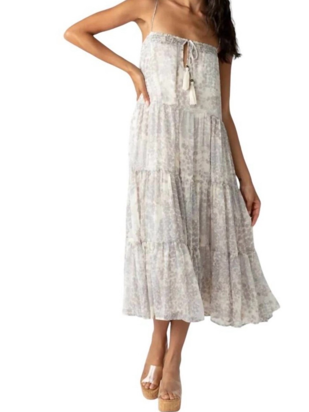 Storia Cream Floral Tiered Maxi Dress with Tassel Tie size s